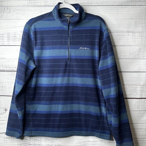 Eddie Bauer 1/4 Zip Pullover Fleece Sweatshirt Mens Medium Blue Striped - Picture 1 of 8